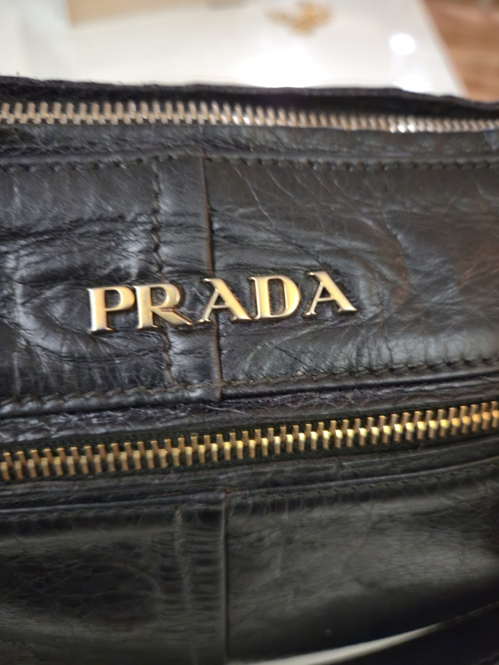 PRADA Dark Blue/Black Leather Shoulder Bag with Gold Hardware - Picture 4 of 17